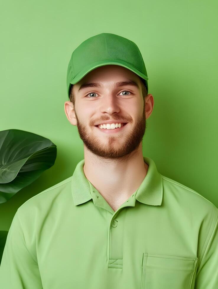 Portrait of a cheerful and friendly landscaping worker wearing a green uniform and hat standing in front of a solid green background and smiling confidently photo