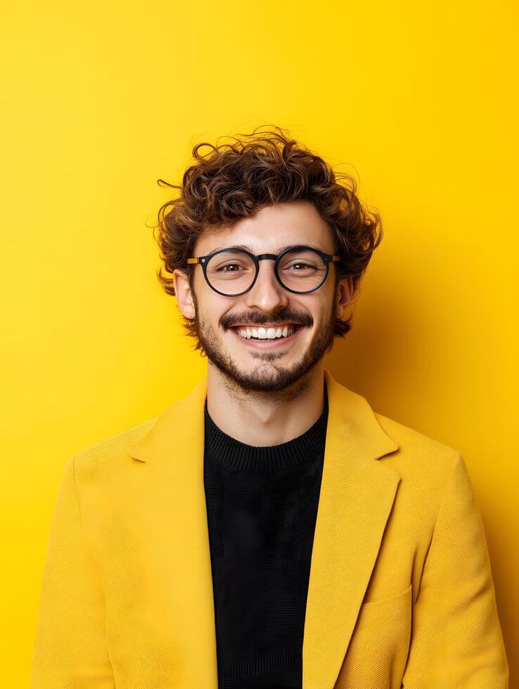 Portrait of a young confident and enthusiastic mathematician with curly hair glasses and a warm smile set against a vibrant yellow background photo