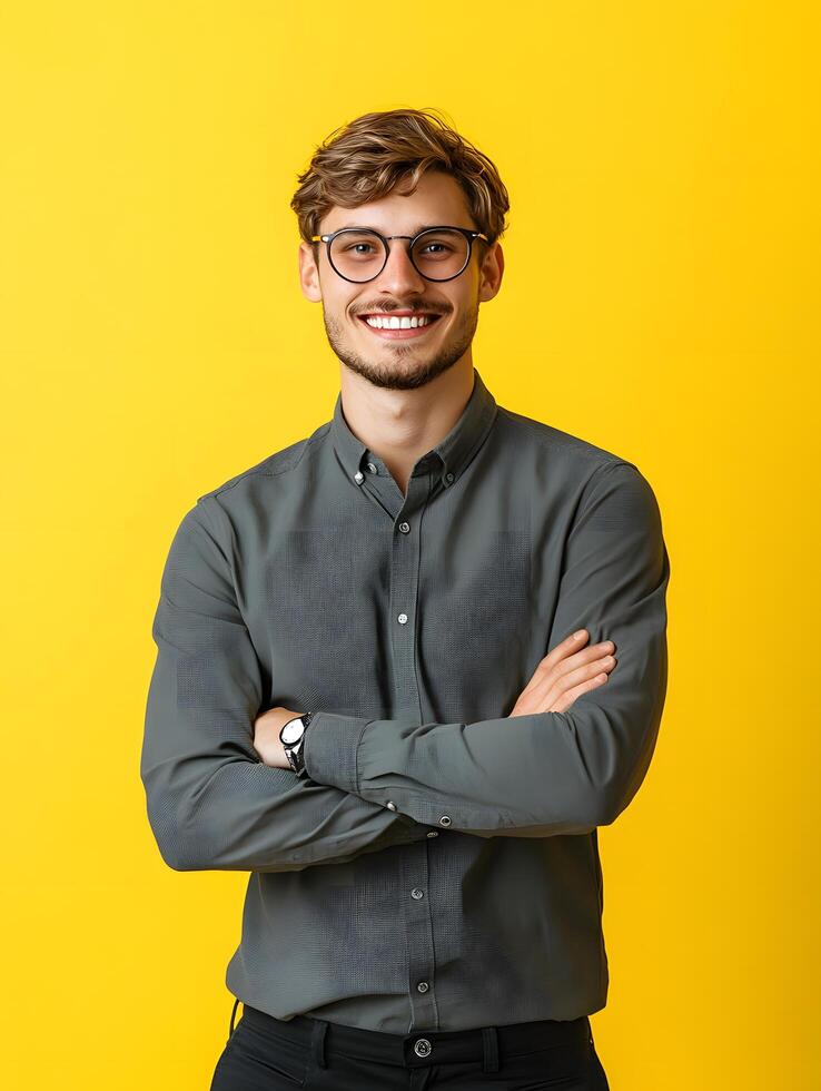 Portrait of a young smiling entertainment specialist posing confidently in a casual business attire against a vibrant yellow background photo