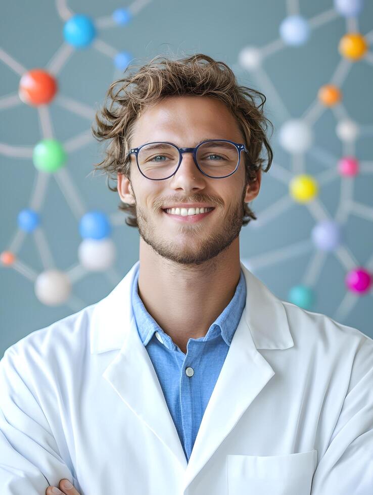 Portrait of a young smiling molecular scientist in a lab coat and glasses surrounded by colorful scientific equipment and glassware photo