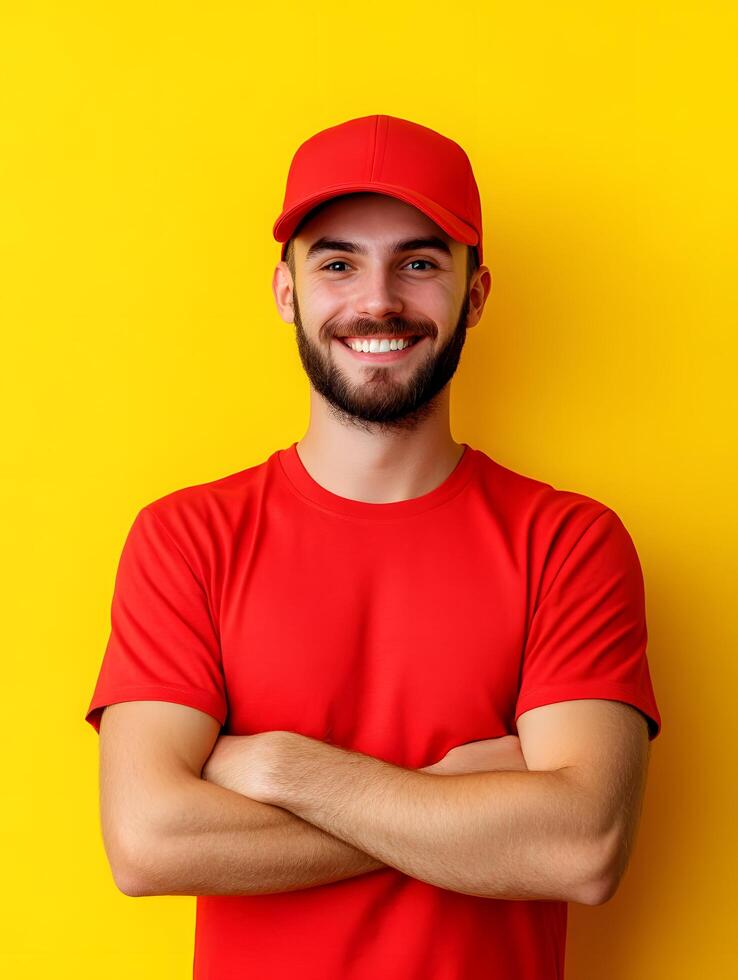 Portrait of a young smiling delivery driver wearing a red uniform and hat standing confidently with his arms folded against a vibrant yellow background photo