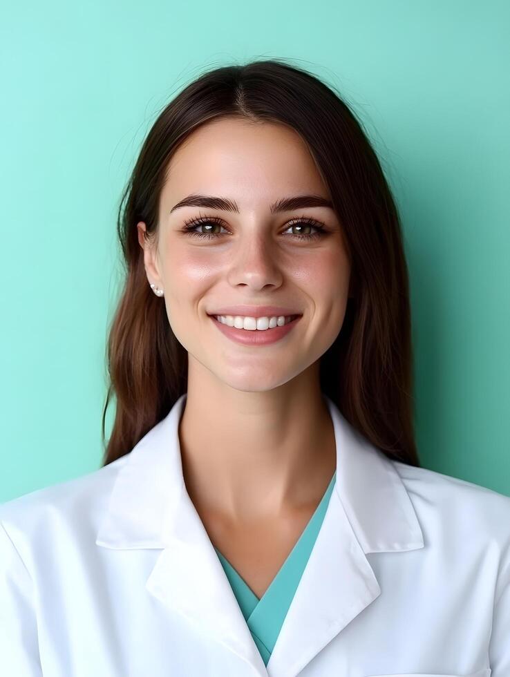 A young smiling assistant in a white uniform photo
