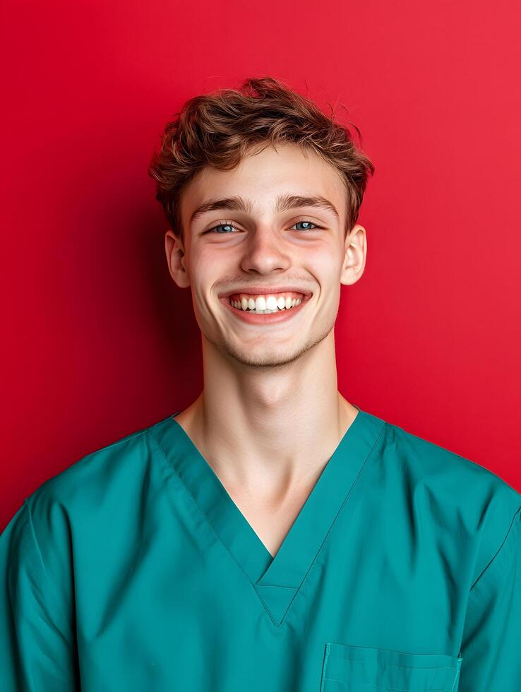 Portrait of a young smiling medical orderly against a vibrant red background photo