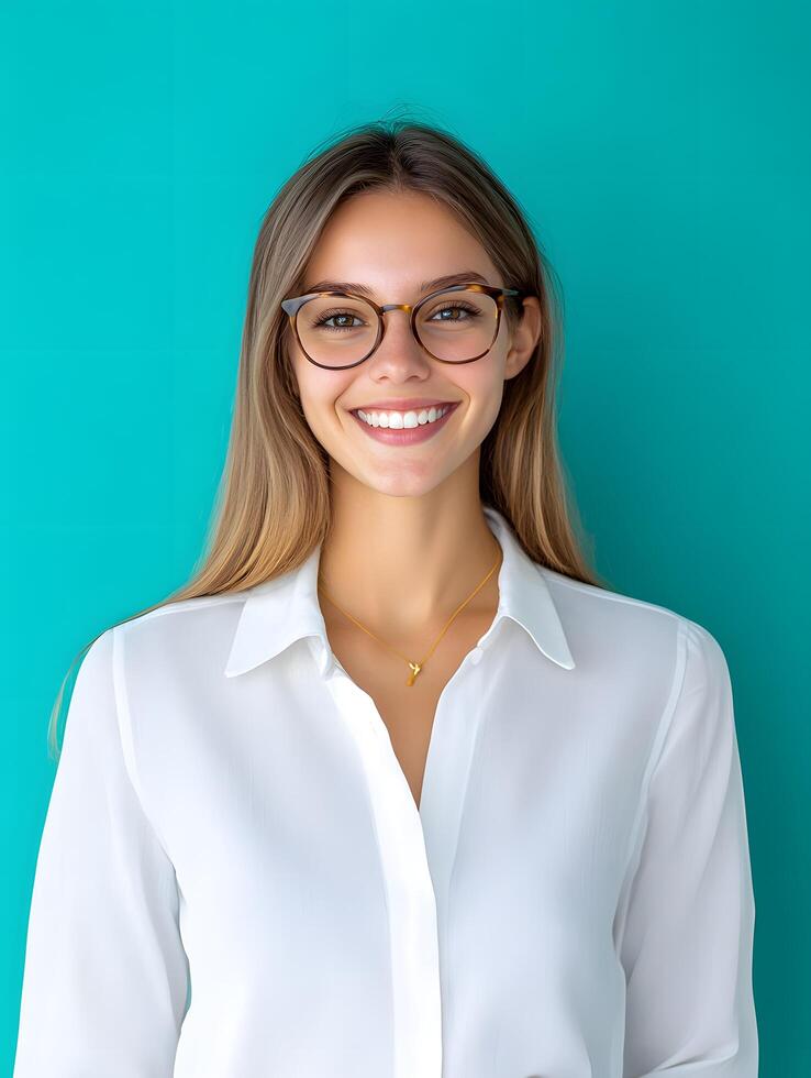 Portrait of a young smiling woman wearing glasses photo
