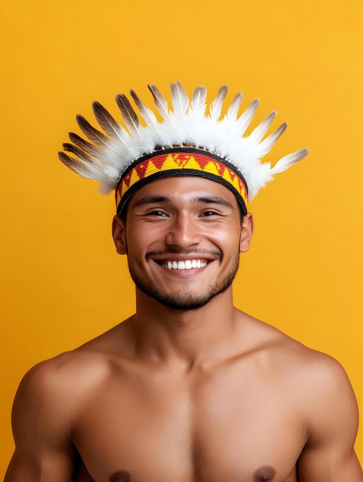 Smiling young man wearing traditional tribal headdress photo
