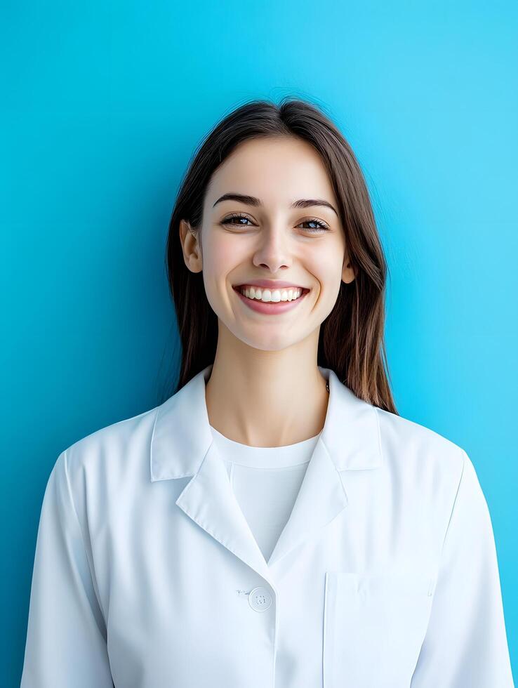 Portrait of a young smiling woman in a white coat photo