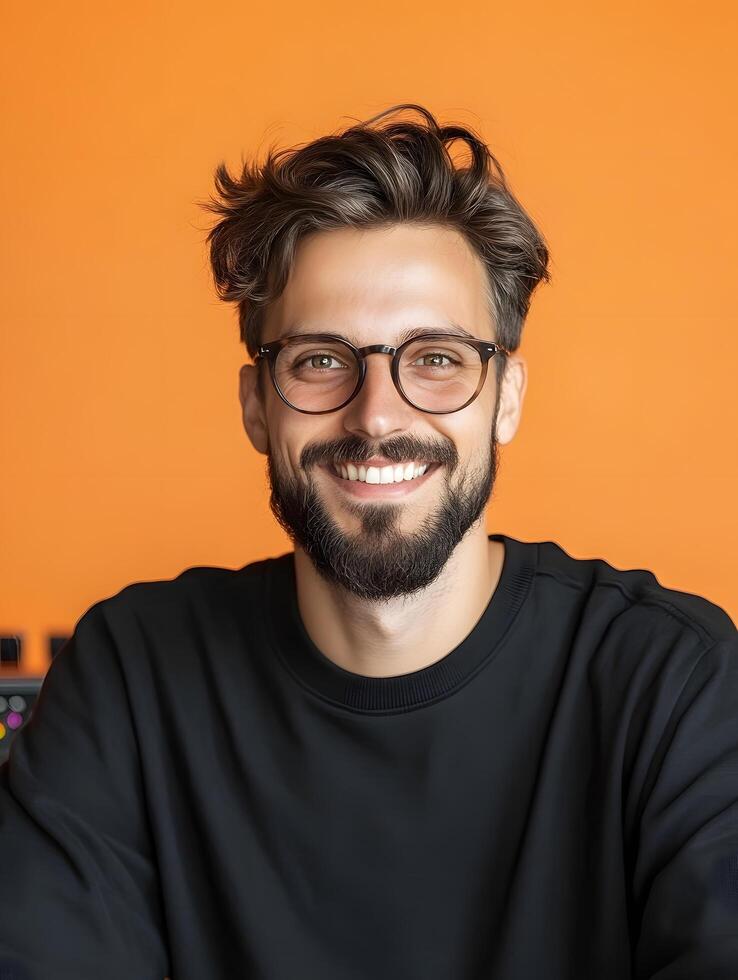 Smiling man with glasses and beard in casual black outfit photo