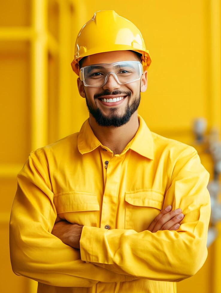 Portrait of a smiling petroleum engineer in a yellow hardhat photo