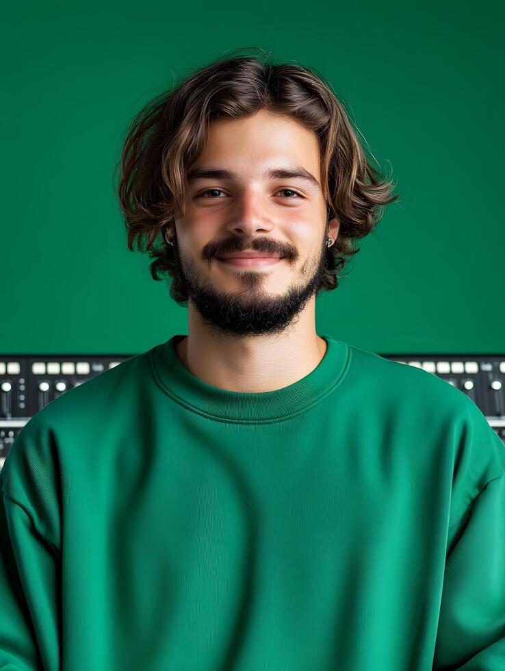 Young smiling sound engineer on a color background photo