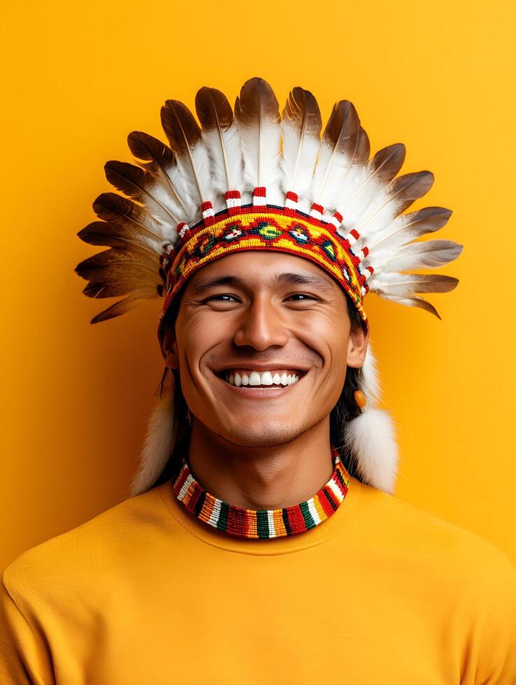 Portrait of a Smiling Indigenous Man in Traditional Headdress photo