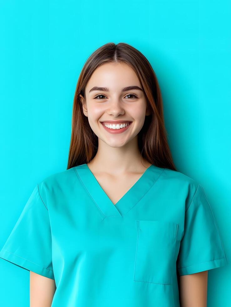 Portrait of a young smiling dental hygienist against a colorful background photo