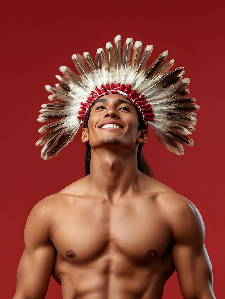 Smiling Chief in Colorful Headdress Portrait photo