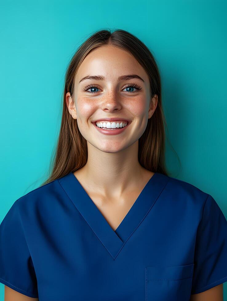 Young Smiling Dental Hygienist in Blue Scrubs photo