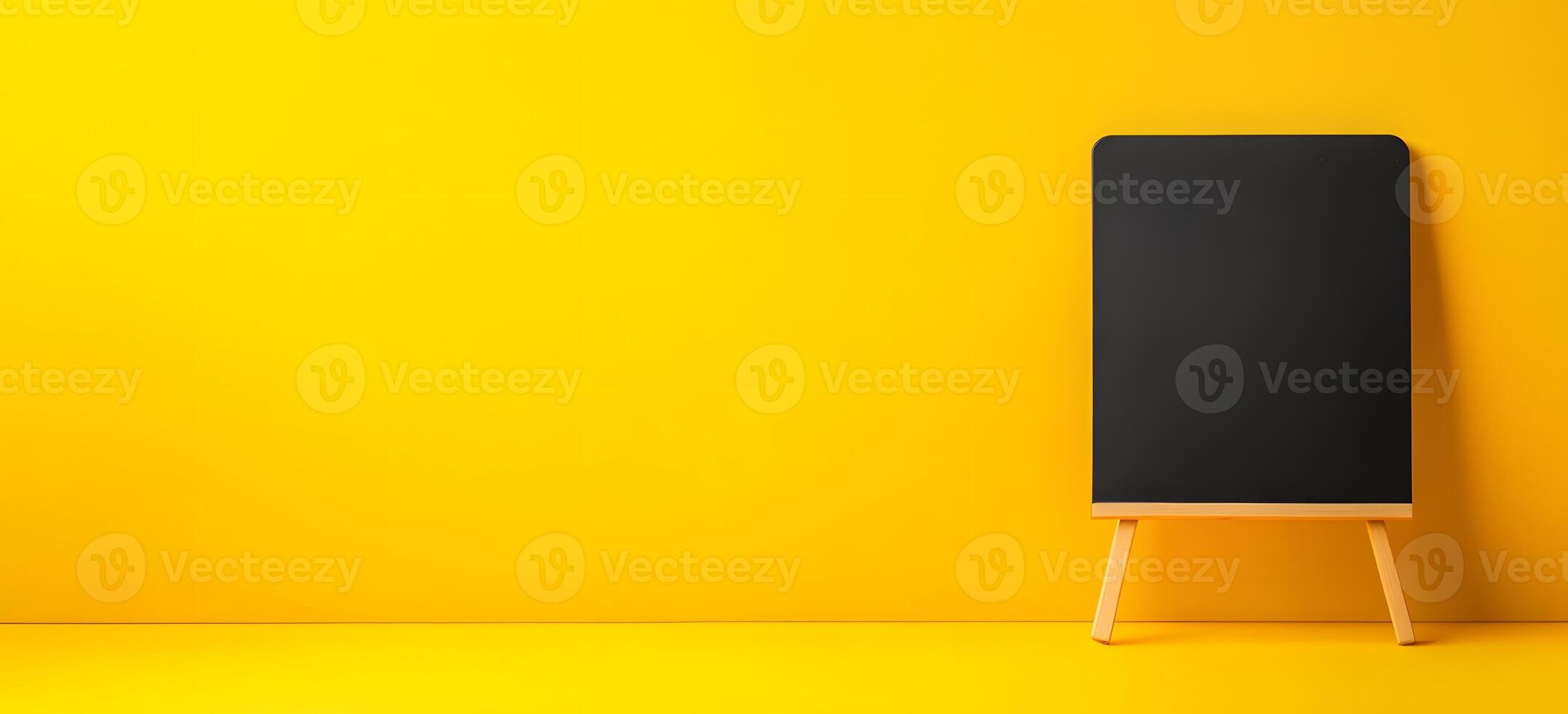 Blank Blackboard on Yellow Background with Wooden Easel photo