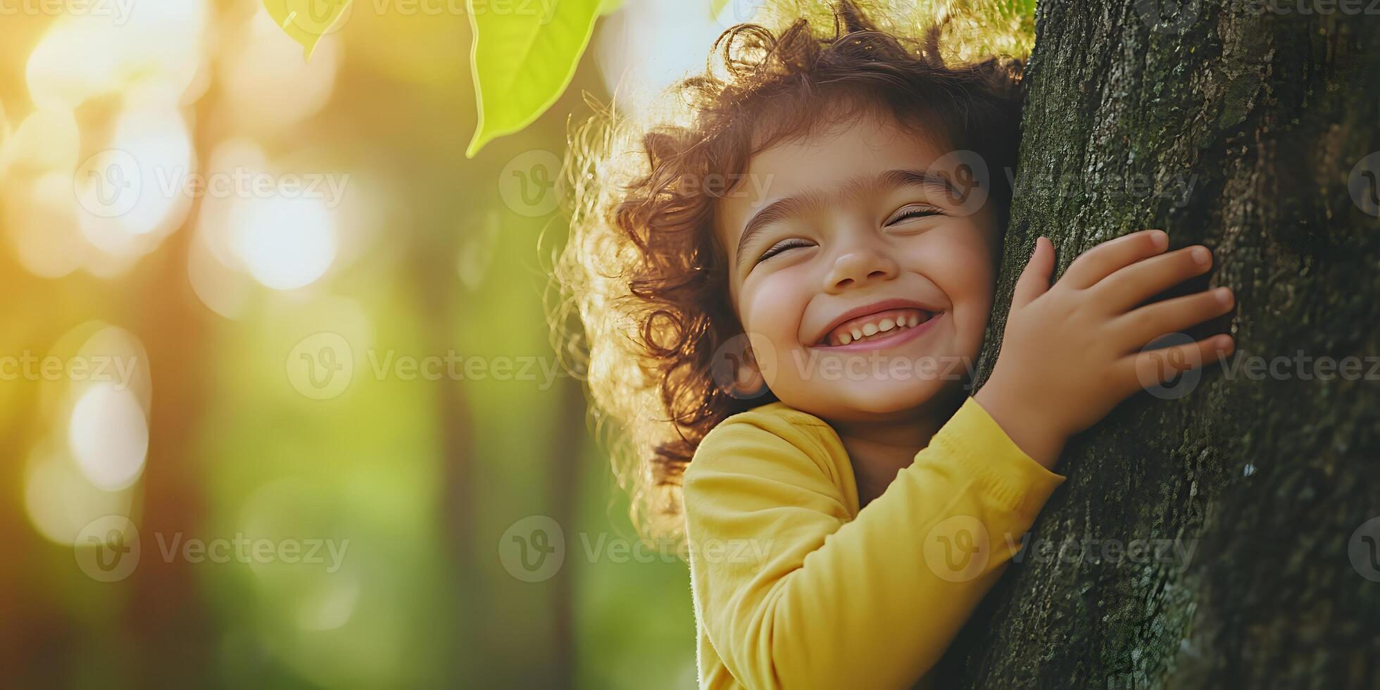 Smiling Child Hugging Tree in Joyful Connection with Nature photo