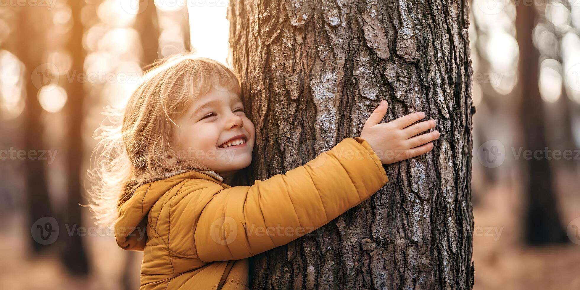 Smiling Child Hugging a Tree in a Peaceful Forest Scene photo