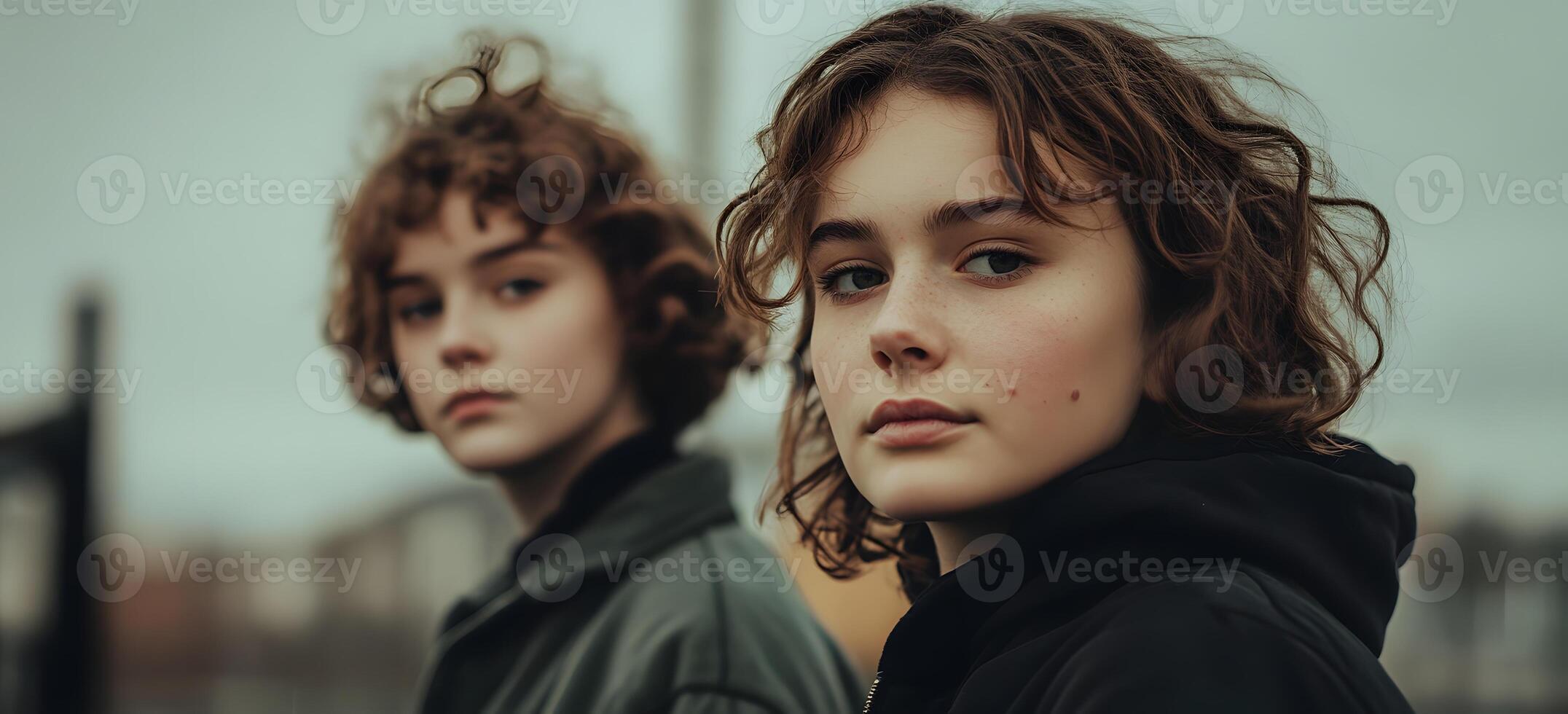 Pensive young woman with curly hair gazing into distance on cloudy winter day photo