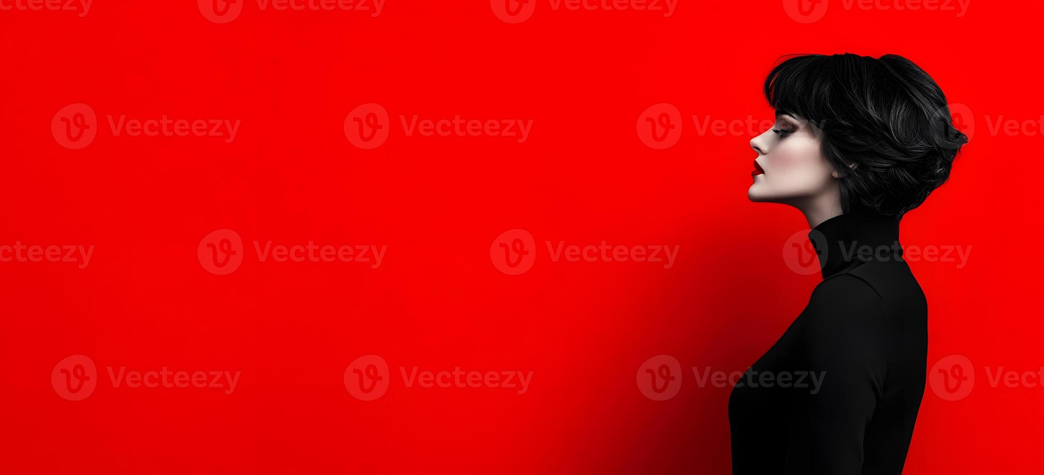 Captivating Soulful Gaze Striking Female Fashion Portrait on Vibrant Red photo