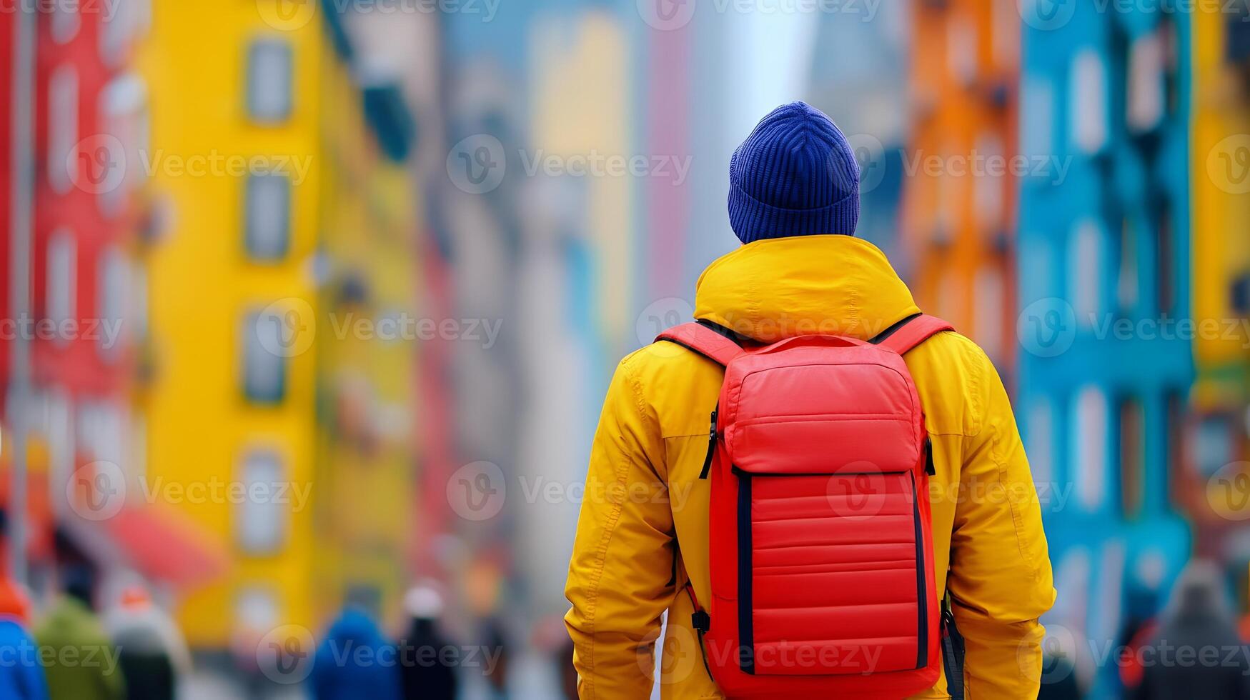 Commuter in Colorful City Alley with Backpack Walking in Motion photo