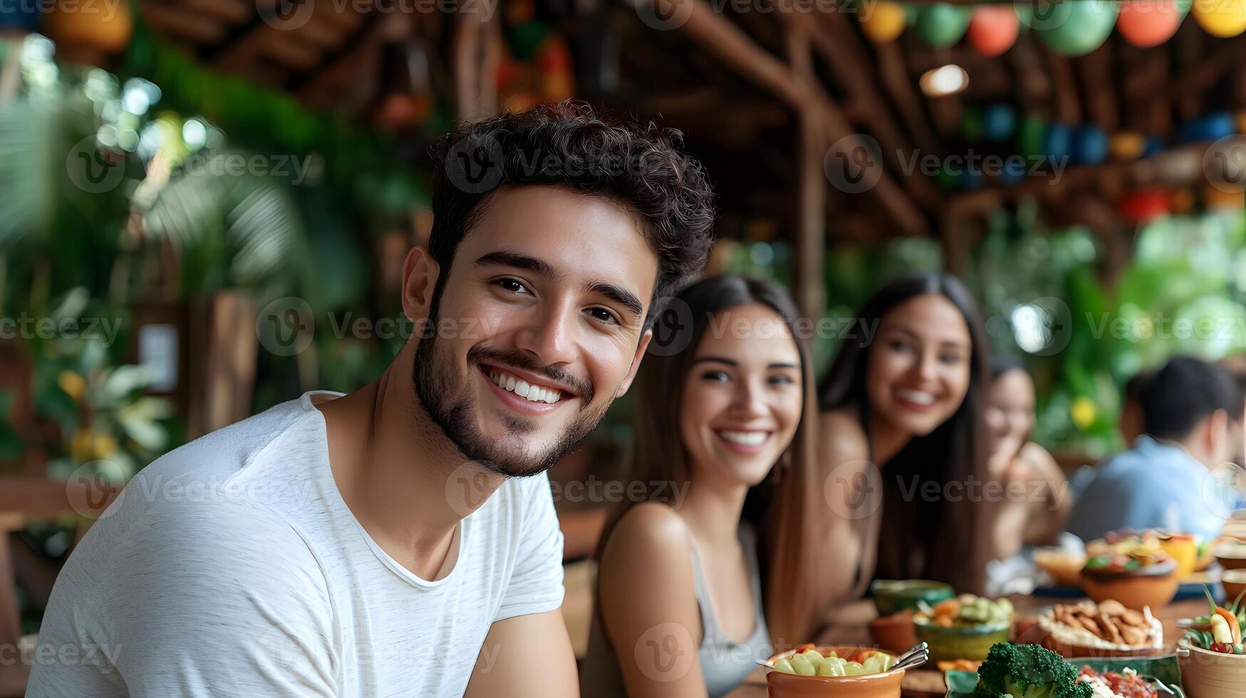 A group of friends gathered in a lively decorated setting to celebrate a traditional Brazilian Festa Junina party surrounded by festive elements and enjoying each other s company photo