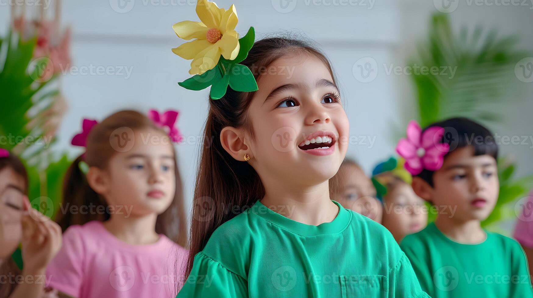 A group of cheerful children dressed in colorful costumes and flower headpieces perform and celebrate the traditional Festa Junina festival at their school exuding a sense of excitement and photo
