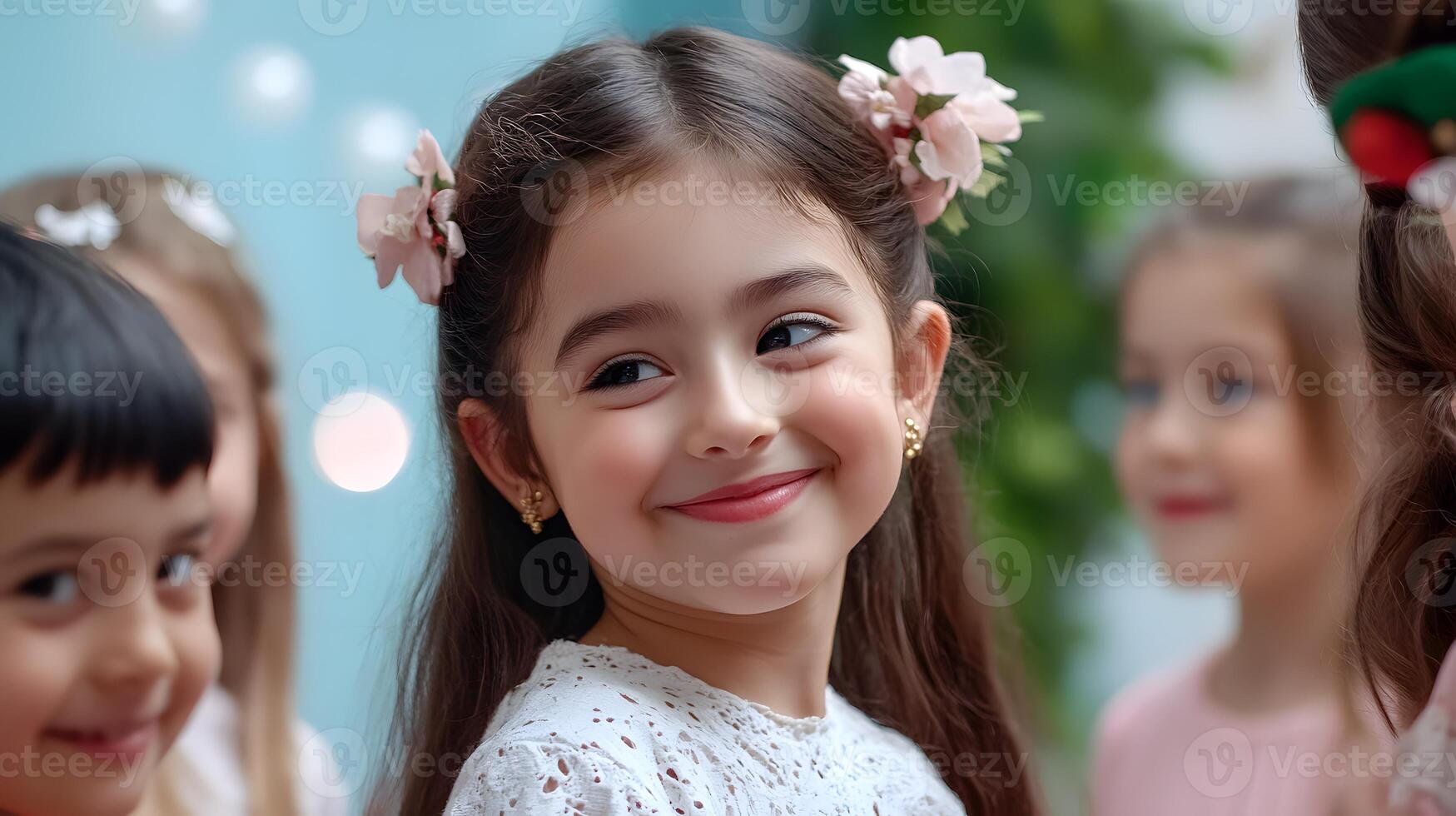 A group of smiling cheerful children dressed in colorful costumes and adorned with flowers celebrating a festive gathering or event with energy and delight photo