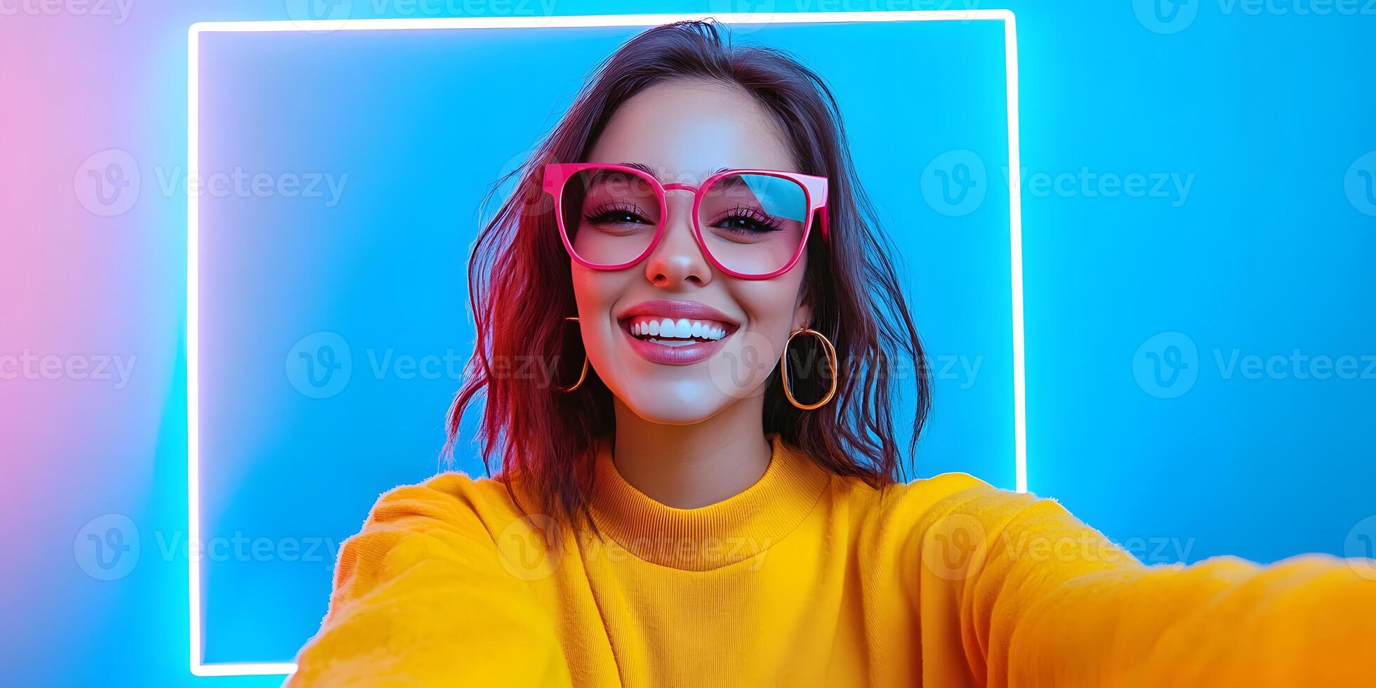 Cheerful Woman Smiling and Taking Selfie with Stylish Accessories in Colorful Neon Studio photo