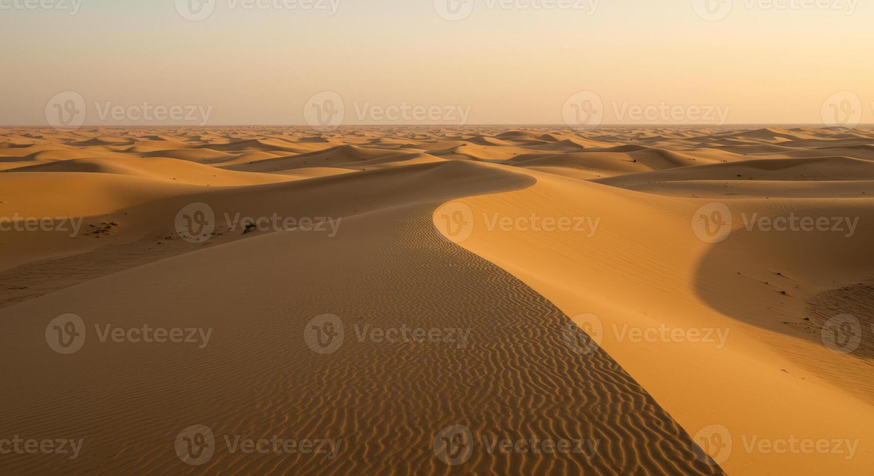 Golden waves of sand stretch to the horizon in a vast desert landscape. photo