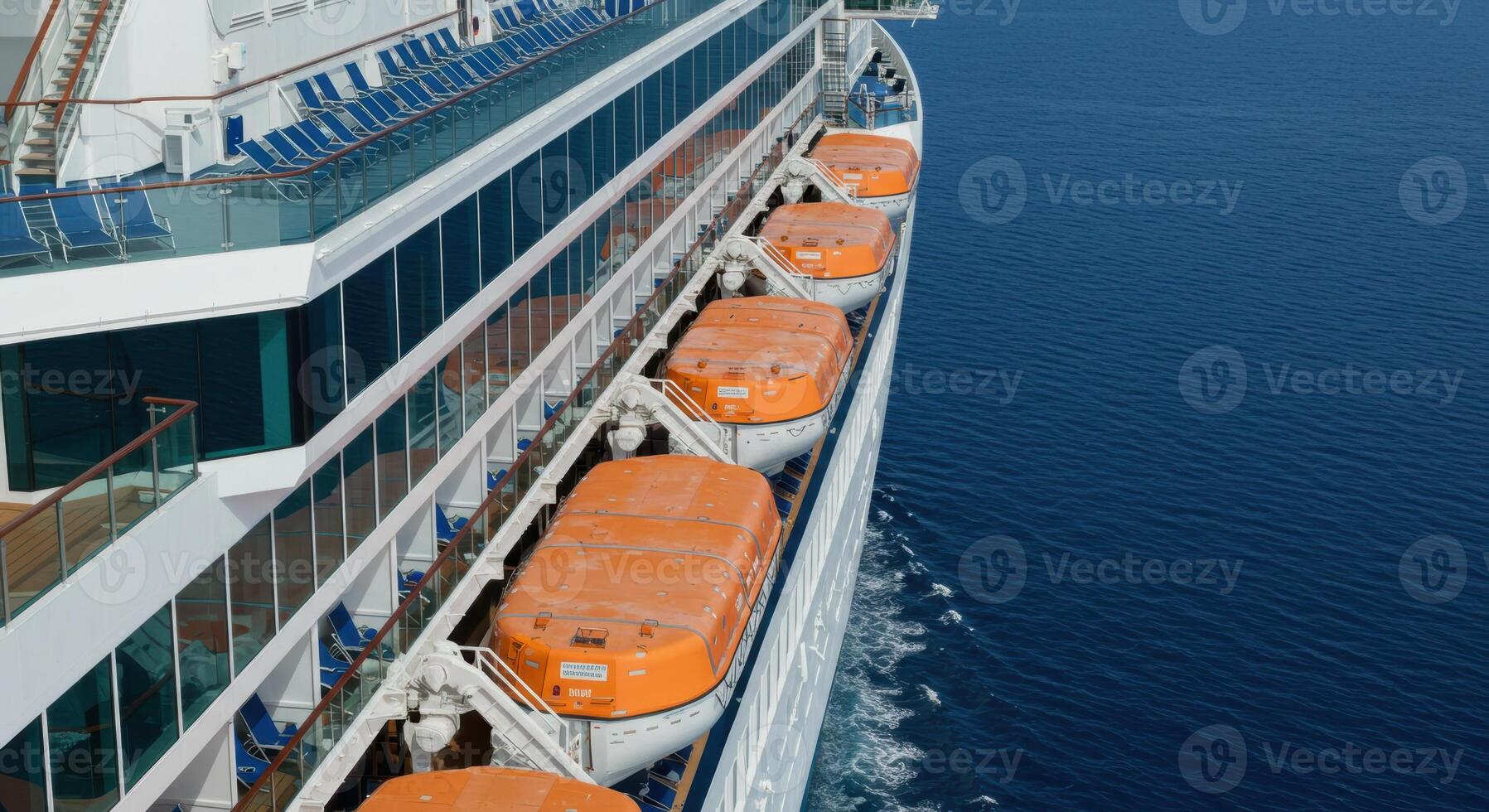 A cruise ship sailing on the ocean, equipped with enclosed lifeboats for passenger safety. photo