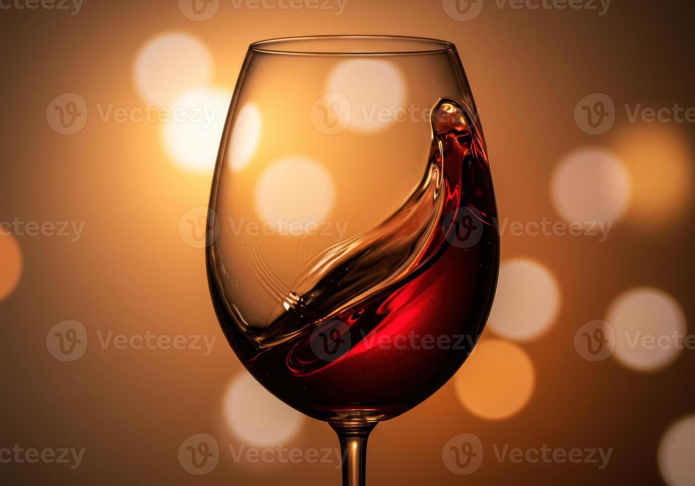 A glass of red wine with a dynamic splash, beautifully lit with a warm bokeh backdrop. photo