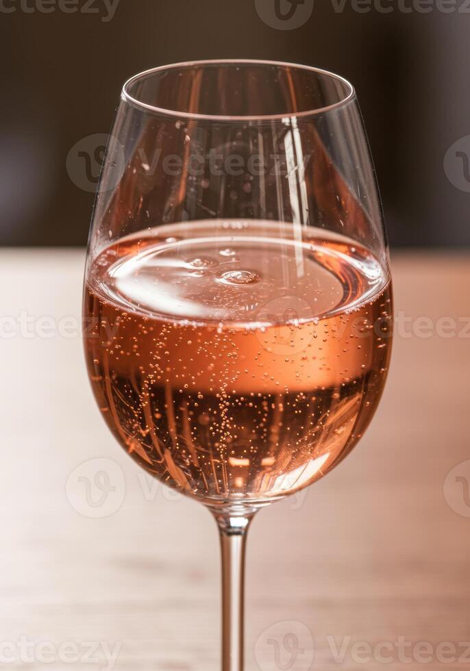 A crisp glass of rose wine, filled with tiny sparkling bubbles, set on a table. photo
