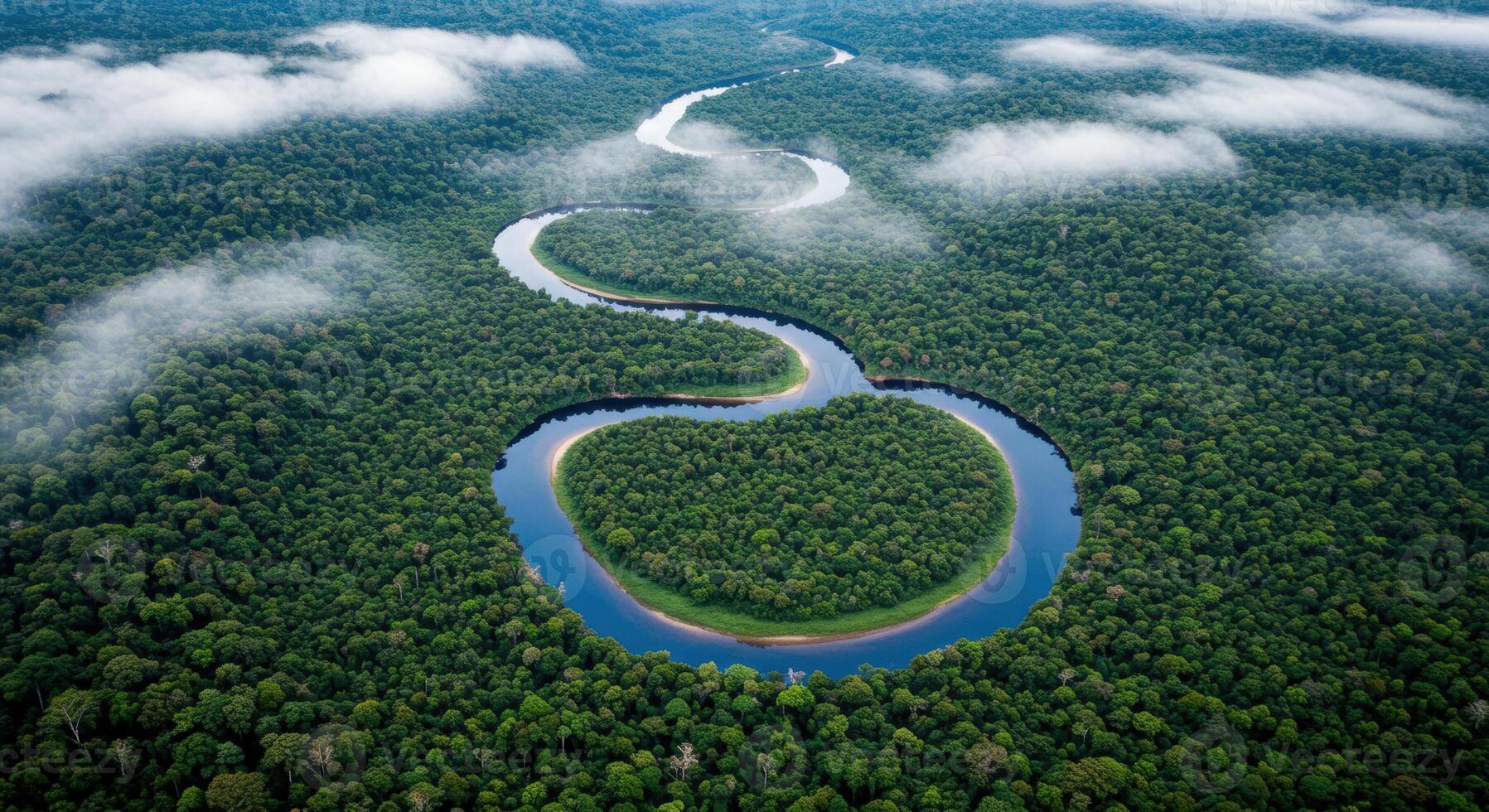 An aerial view shows a beautiful river winding through the lush Amazon rainforest. photo