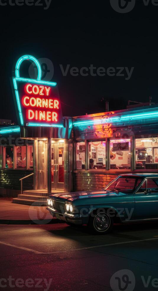 An inviting American diner radiates retro charm, glowing brightly on a dark night. photo