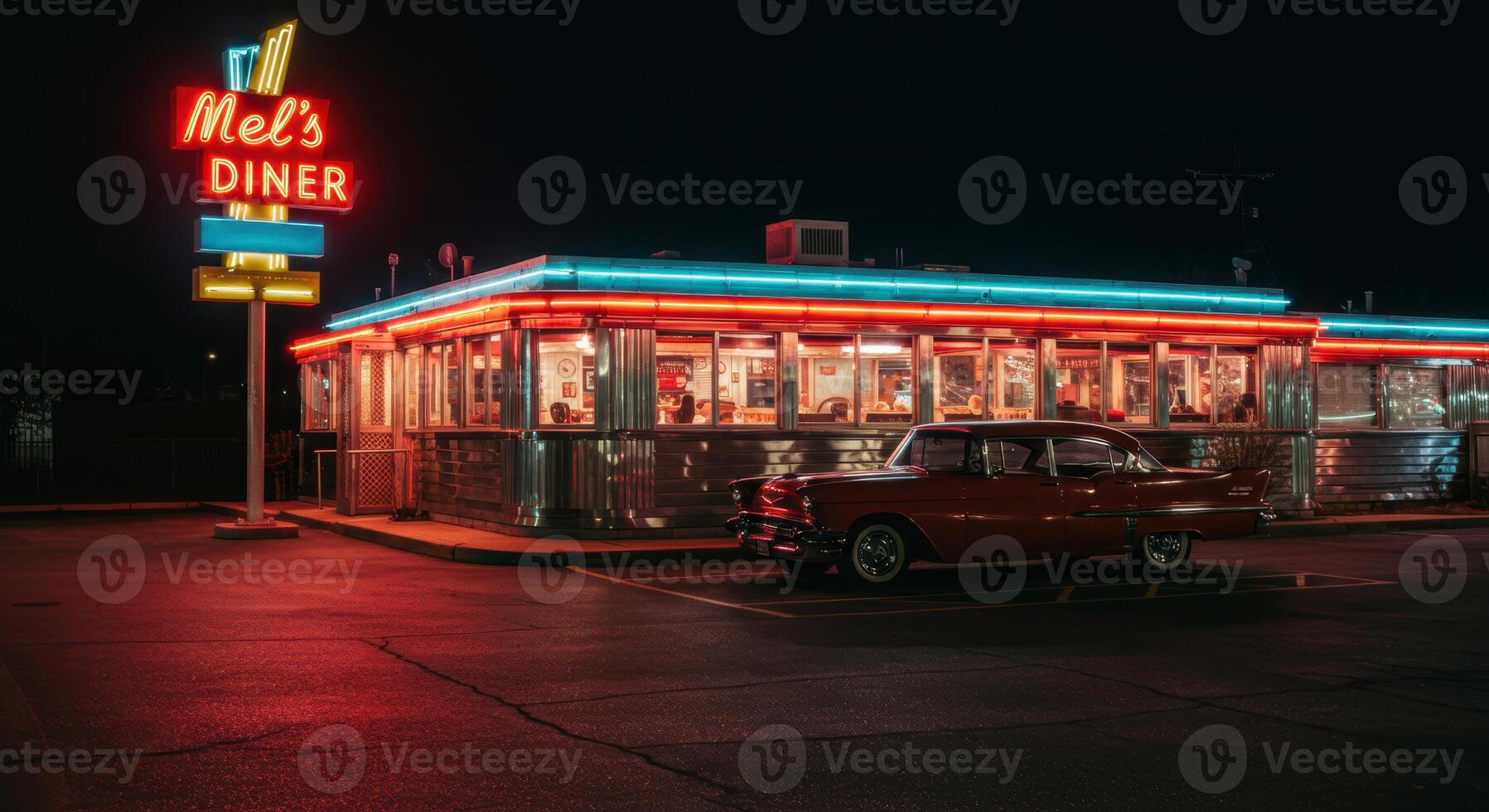 A vintage red car sits outside of a brightly lit retro diner at night. photo