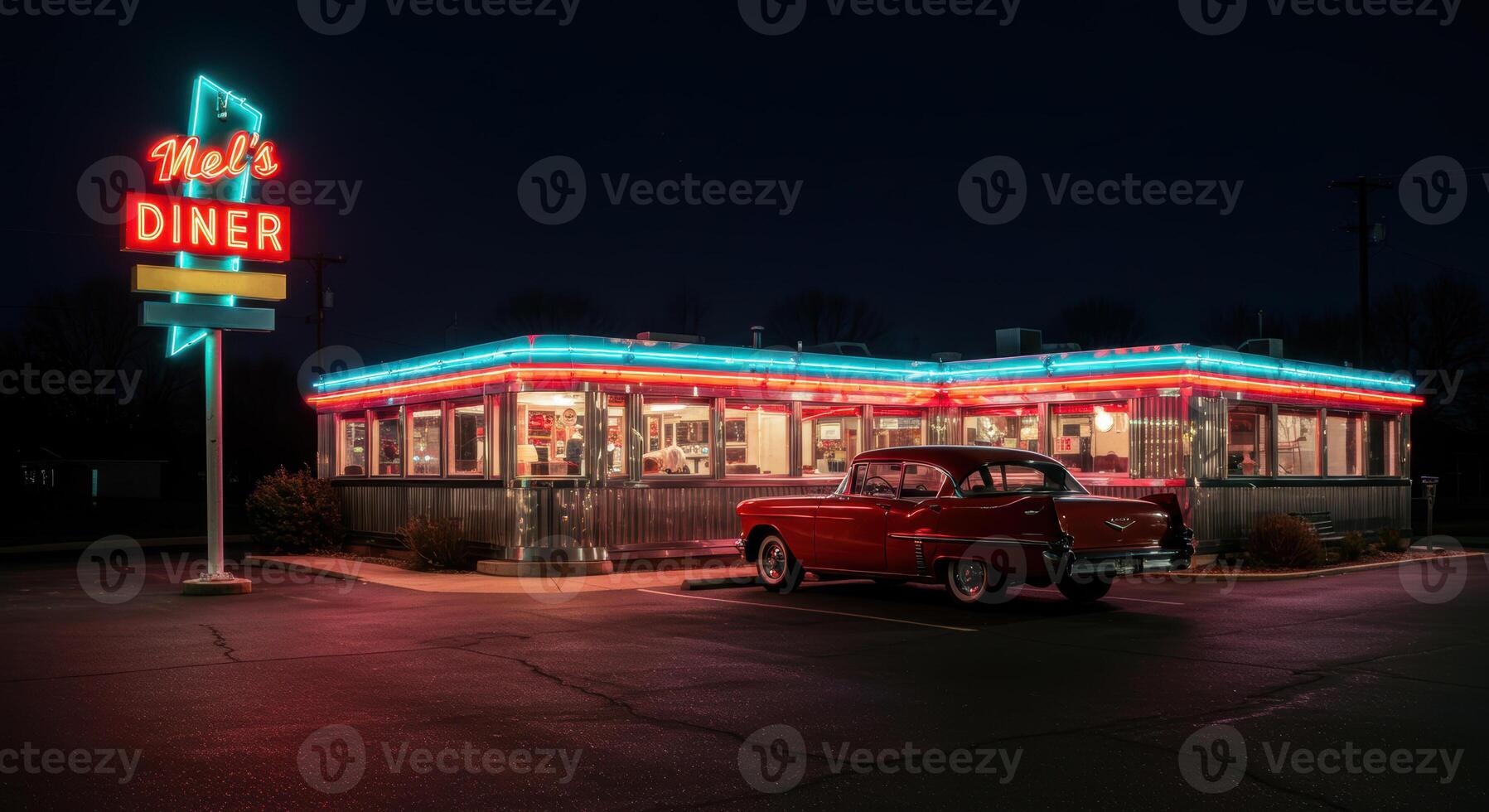 A vintage red car parked in front of a retro diner with glowing neon lights. photo