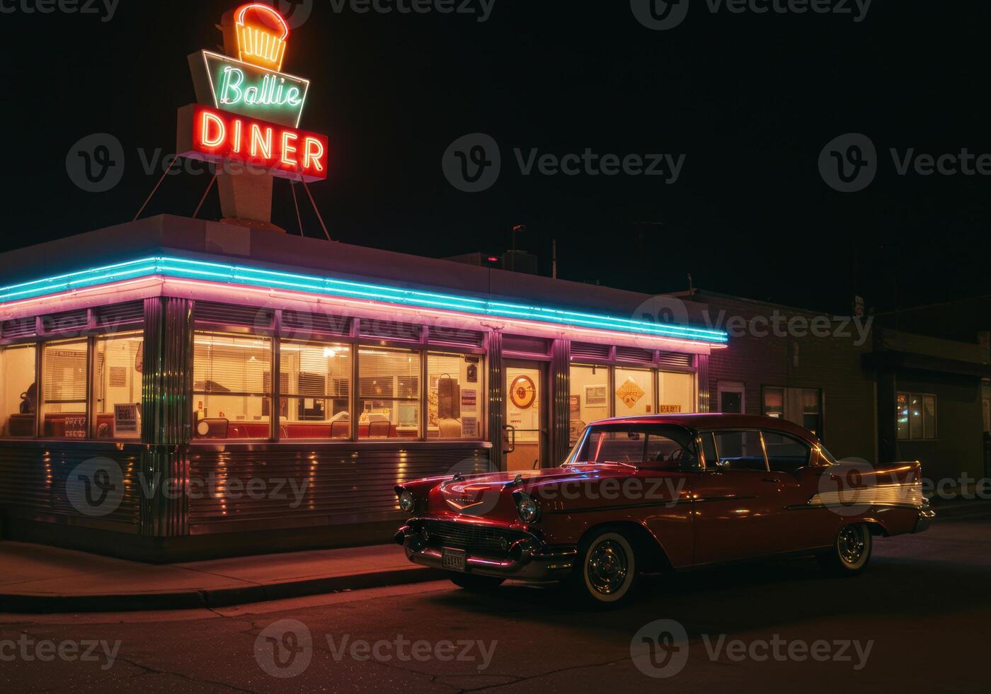 A red classic car shines in front of a retro diner with vibrant neon lights at night. photo
