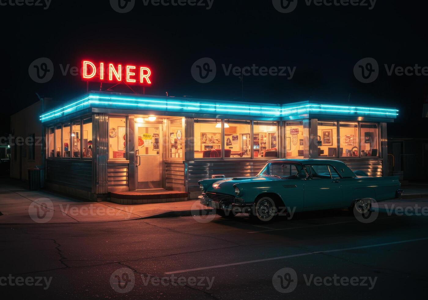 Vintage turquoise car sits outside a brightly lit retro diner at night, a nostalgic scene. photo