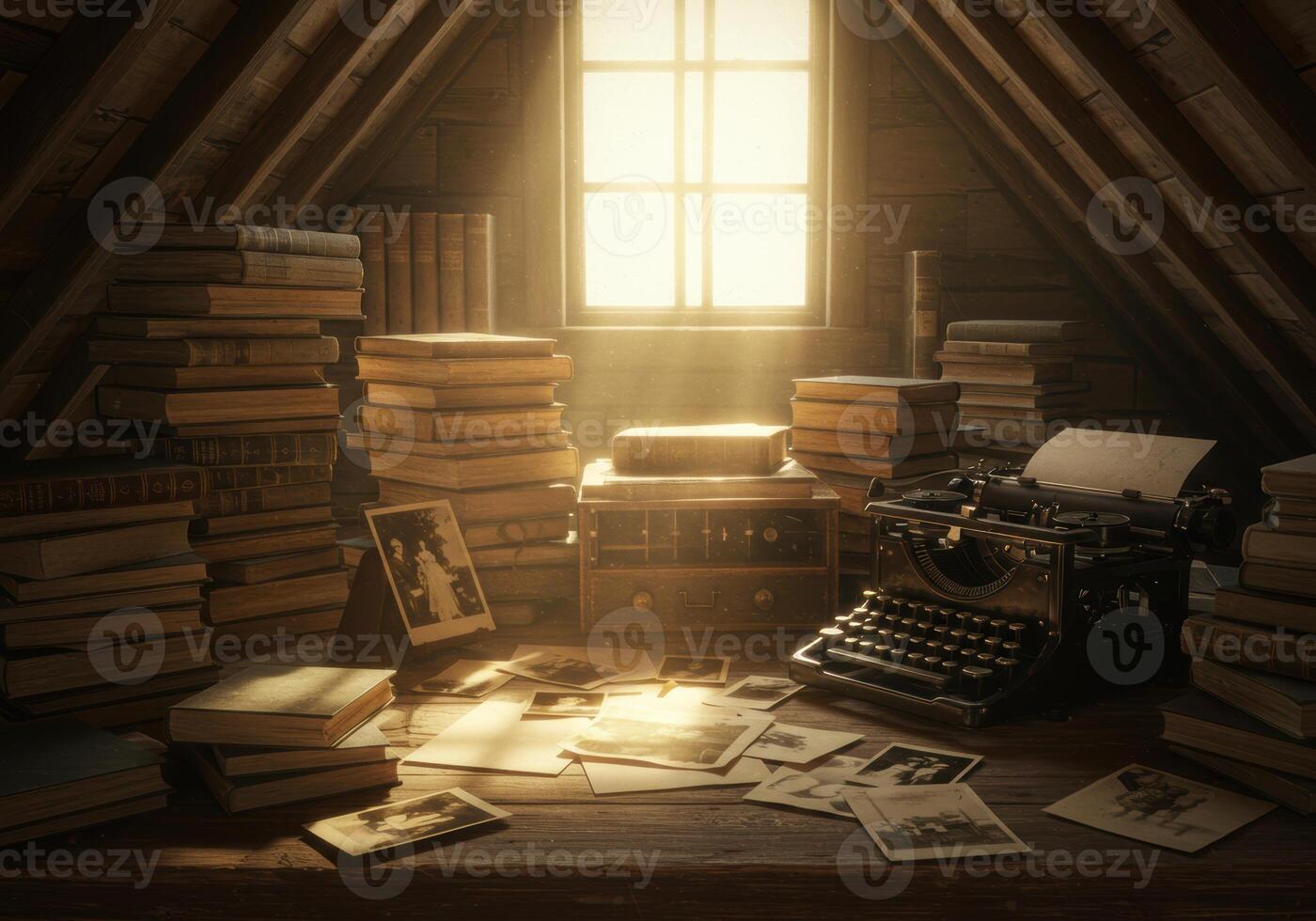 A vintage typewriter sits among scattered photos and stacks of books in a bright attic.