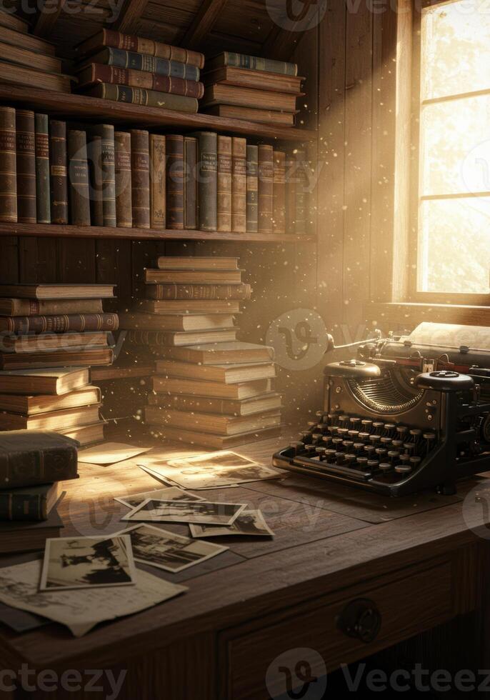 An antique typewriter sits on a wooden desk surrounded by books and old photos. photo