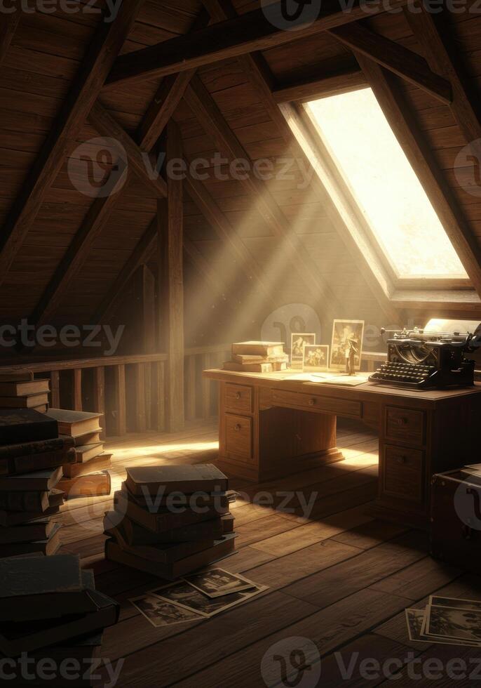 Sunlight fills a charming attic office with a vintage typewriter and old books. photo