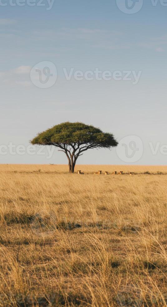 An acacia tree stands proudly in the african savanna under a vast, open sky. photo