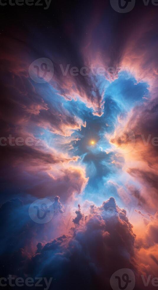 A mesmerizing view of vibrant celestial clouds enveloping a brilliant point of light. photo