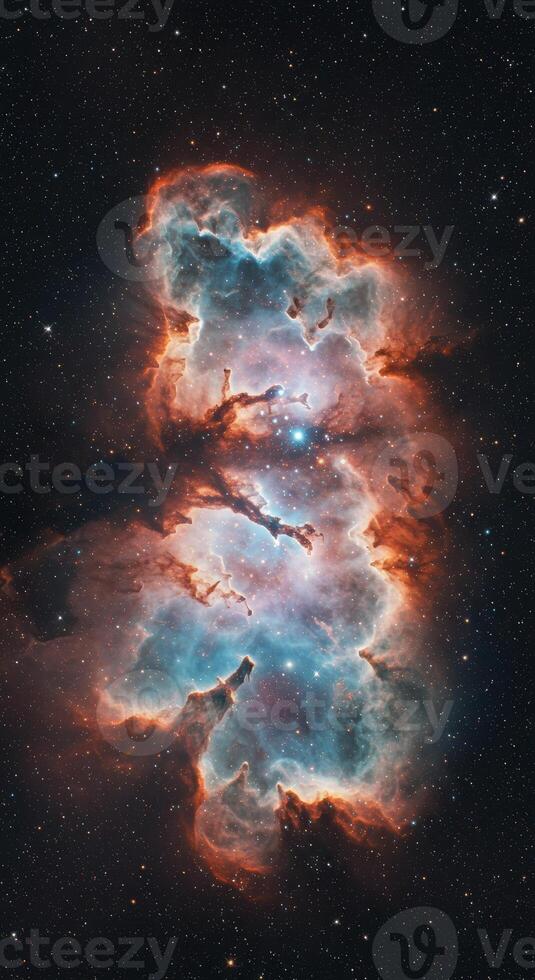 A breathtaking view of a colorful nebula, showcasing stars and cosmic dust in space. photo