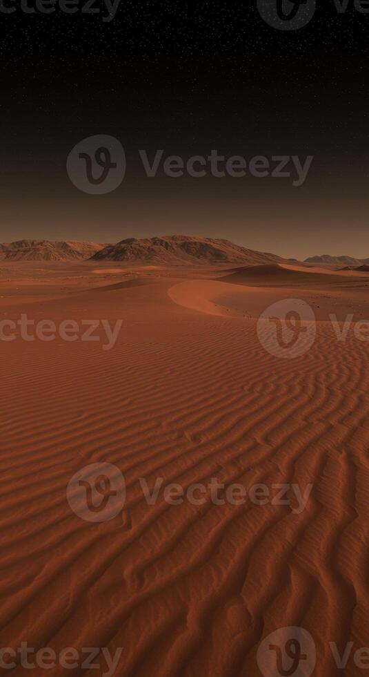 A stunning view of a desolate alien desert landscape with rolling sand dunes and distant mountains. photo