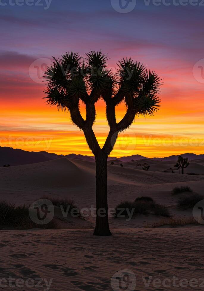 Dramatic sunset illuminates a Joshua tree in a serene desert landscape. photo