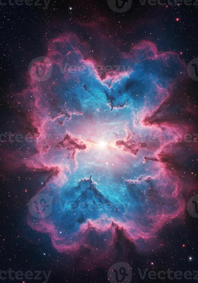 Stunning view of a nebula, showcasing radiant colors and dynamic cosmic formations. photo