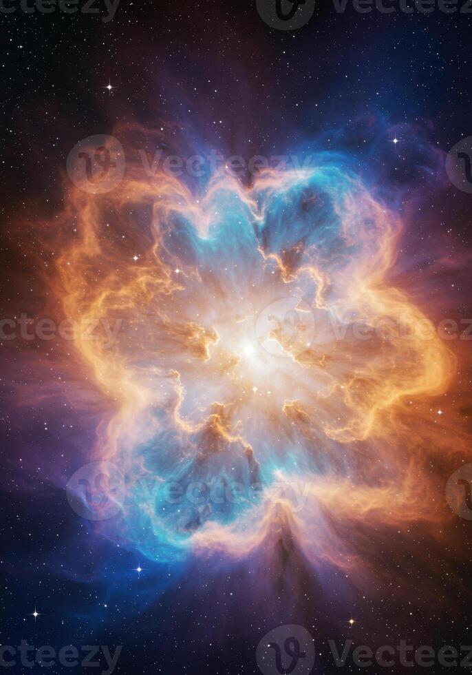 Vibrant celestial nebula, a cosmic masterpiece showcasing interstellar gas and dust in space. photo
