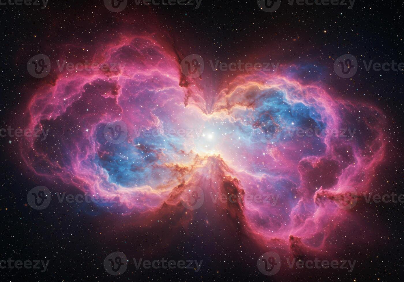Stunning view of a radiant and colorful nebula with stars in the dark sky. photo