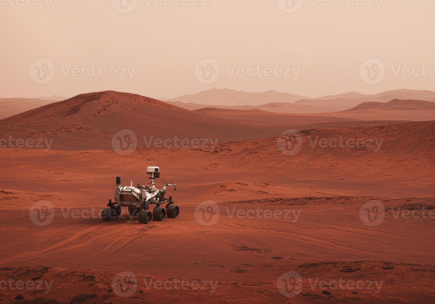 The Mars rover traverses the rugged terrain of a desolate landscape, ready to explore the planet. photo