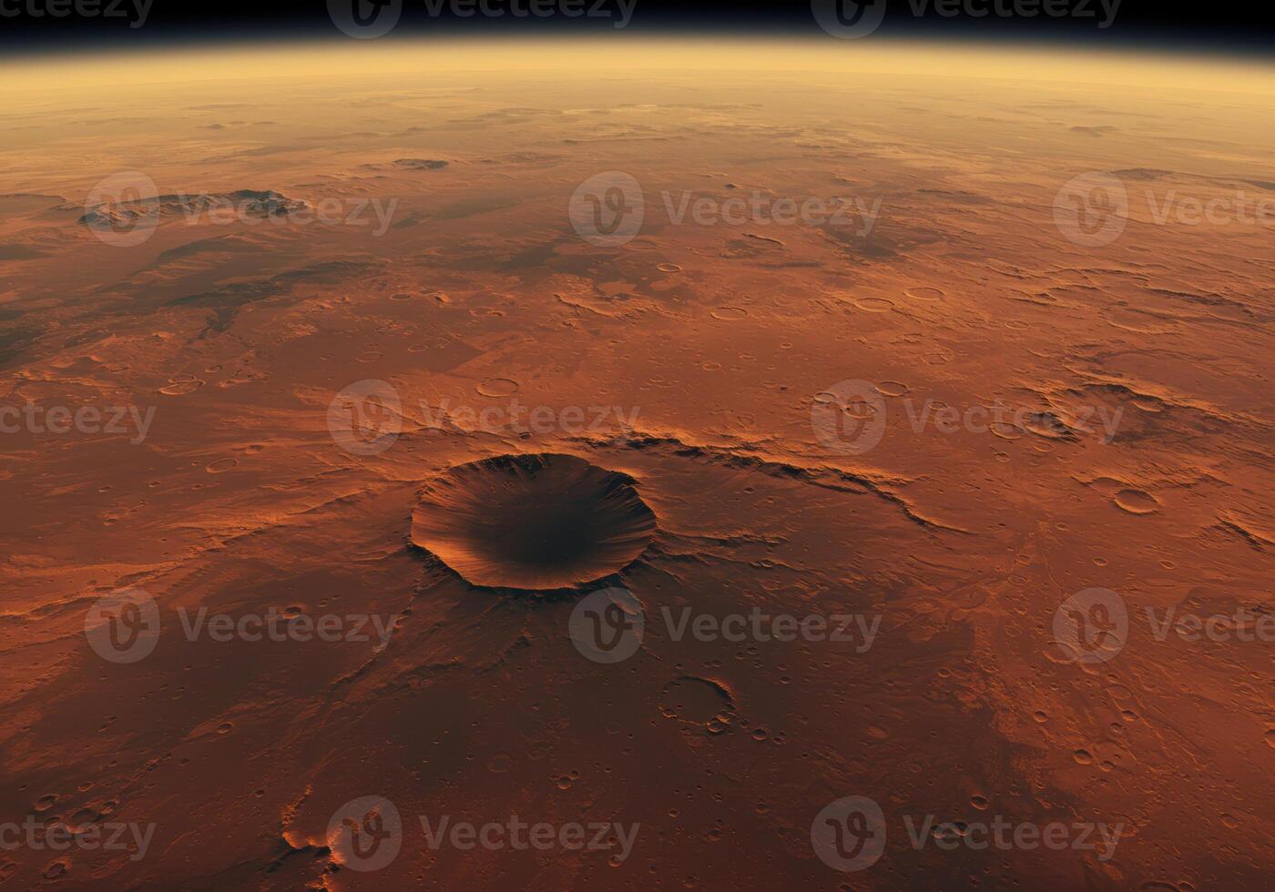 An expansive aerial shot displays the rough terrain of Mars, showcasing craters and geological features. photo